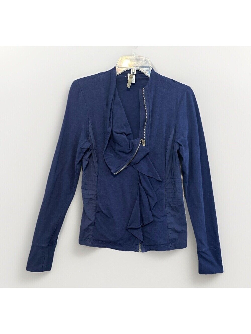 XCVI Wearables Jacket Top Sz Small Full Zip Ruffle Navy Pockets Edgy Modern Exc.